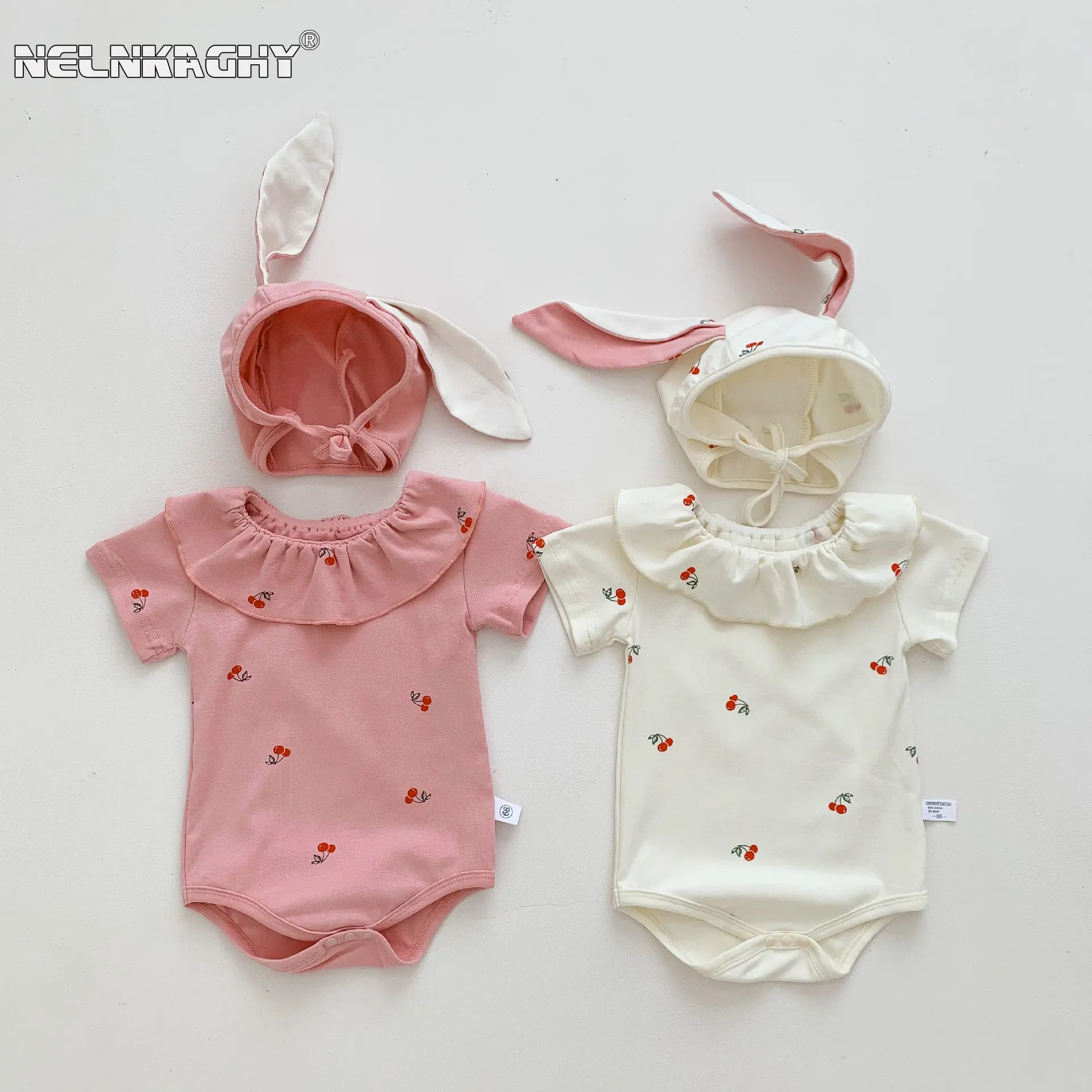 2023 New In Summer Infant Newborn Girls Short Sleeve Cherry Print Outfits Jumpsuits Kids Baby Cotton Clothing Bodysuits Gift Hat