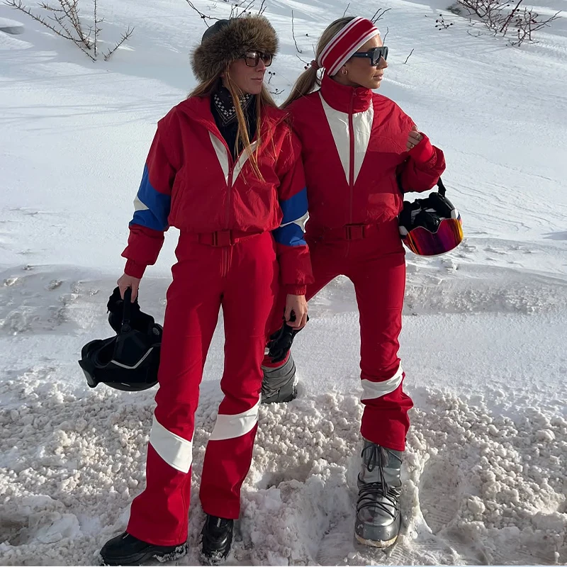 Damen-Skibekleidung, Panel-Design, Stehkragen, lange Ärmel, mit Gürtel, Jumpsuit, Winter, Damen, Reißverschluss, schmal geschnitten, Herbst/Winter, warm, Sportbekleidung, Neu – Detail 14