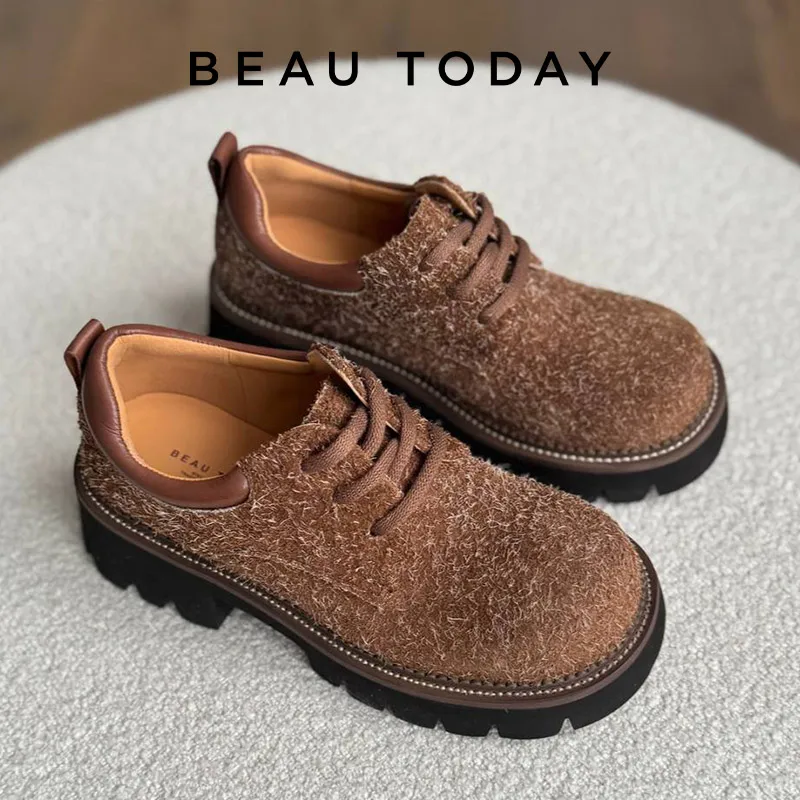 BEAUTODAY Derby Shoes Women Split Leather Lace-up Suede Big Toes Thick Sole Sewing Ladies Vintage Cowboy Shoes Handmade 21996