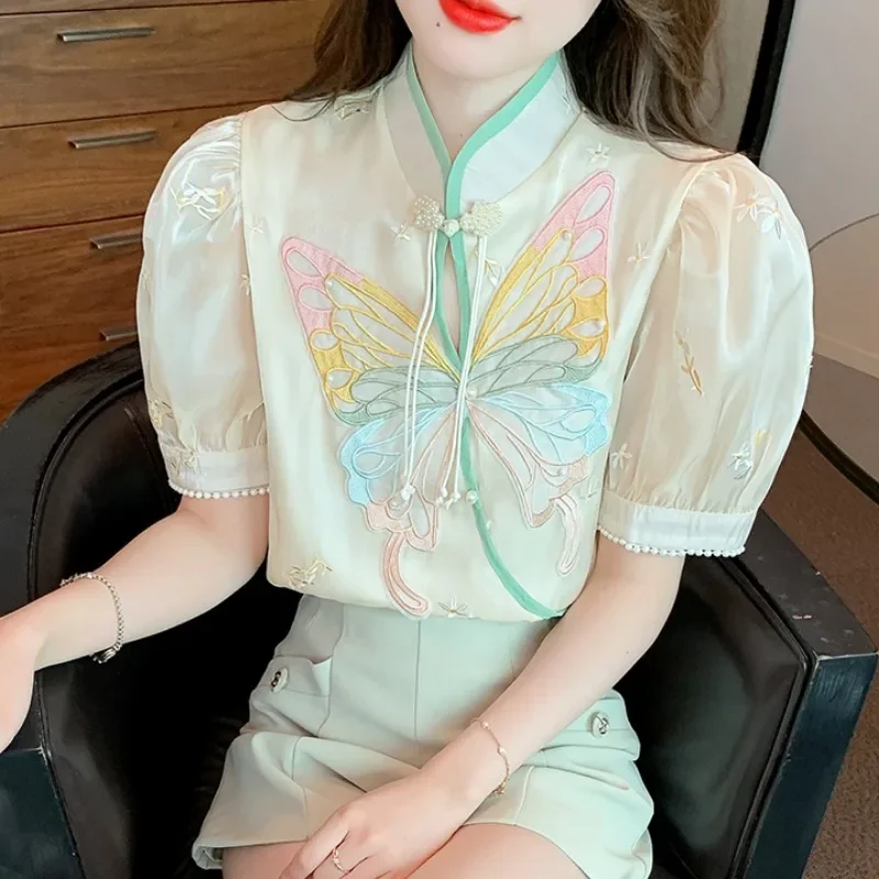 

Summer Women Embroidery Puff Short Sleeve Pearls Cheongsam Chinese Style Top Shirt , Woman Clothes Tops Shirts