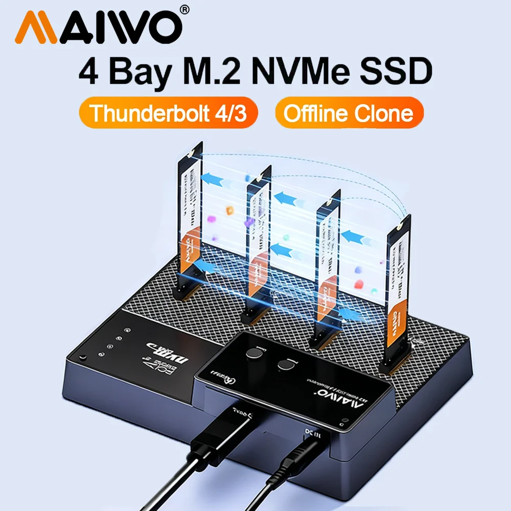 

MAIWO 4 Bay M2 NVMe SSD Dock with Cooling Fan USB4.0 NVMe Cloner Duplicator Supports 1-to-3 Offline Clone 40Gbps Thunderbolt 4/3