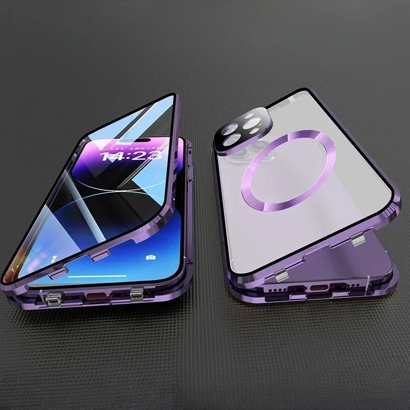 

For Magsafe iPhone 17 Pro Max 16 15 14 13 12 Pro Max Plus Metal Magnetic Case Lens Protection Double Sided Glass Snap Lock Cover