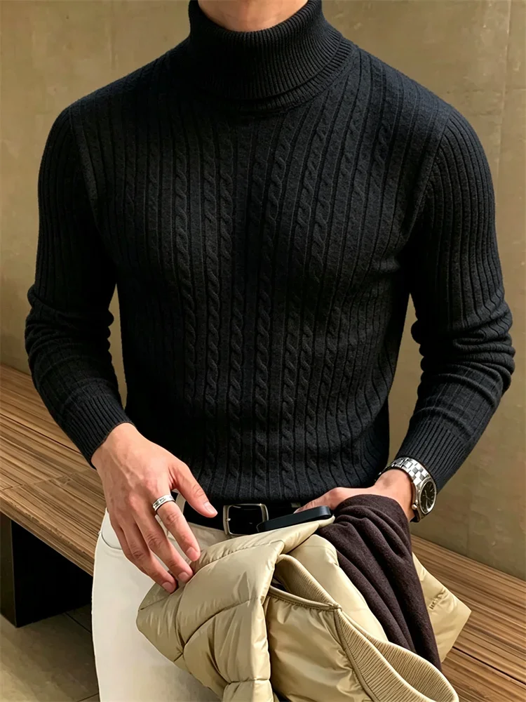 Men's Jacquard Knitwear Simple Style Slim Fit Solid Color Fashion Warm Knitted Pullovers Turtleneck Male Classic Sweater