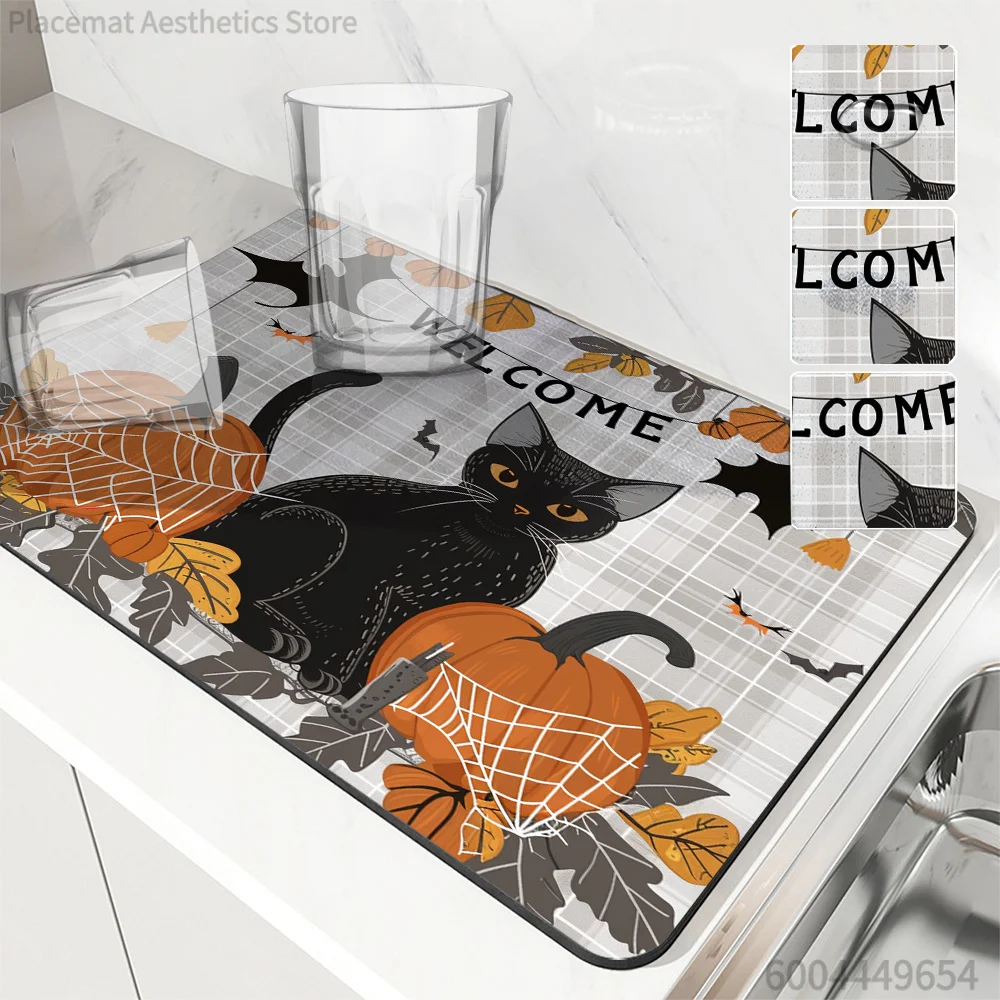 Halloween Black Cat Pumpkin Print Super Absorbent Drying Mat Waterproof Kitchen Counter Coffee Maker Drain Pad Decor Placemat