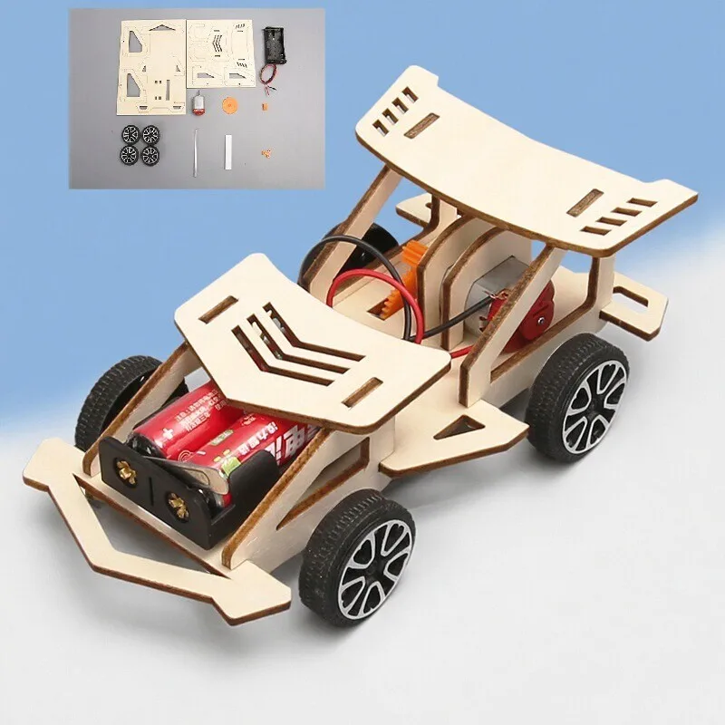 DIY Wooden Electric Racing Car Four-Wheel Drive Racing Car Assembly Scientific Experimental Kit KIDS STEM Educational Toys