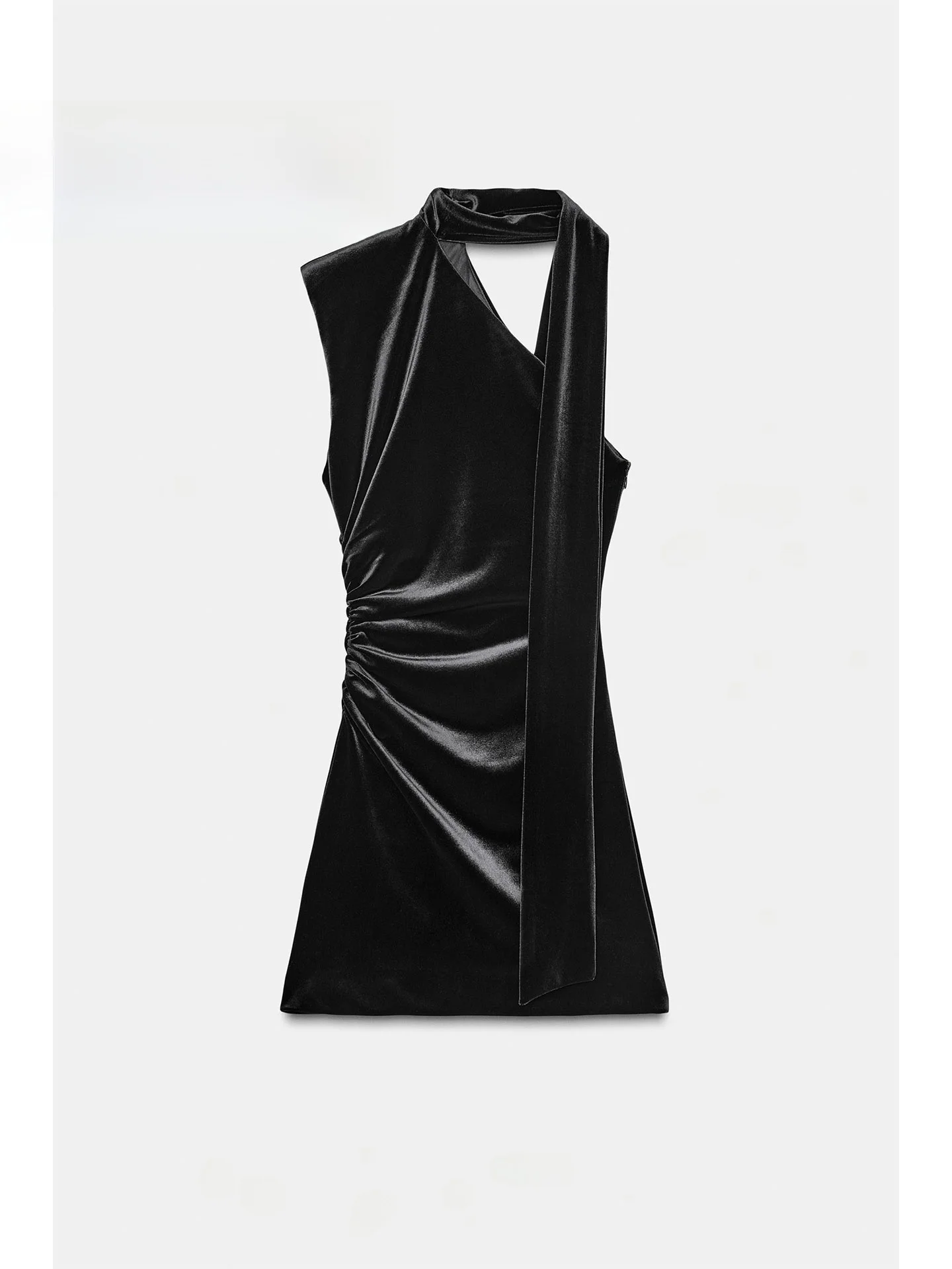 

Sexy Bla Velvet Scarf Decorated Dr Ele A-Line Silhouette Svel Slim Fit Casual Wear for Ladies Winter 2025