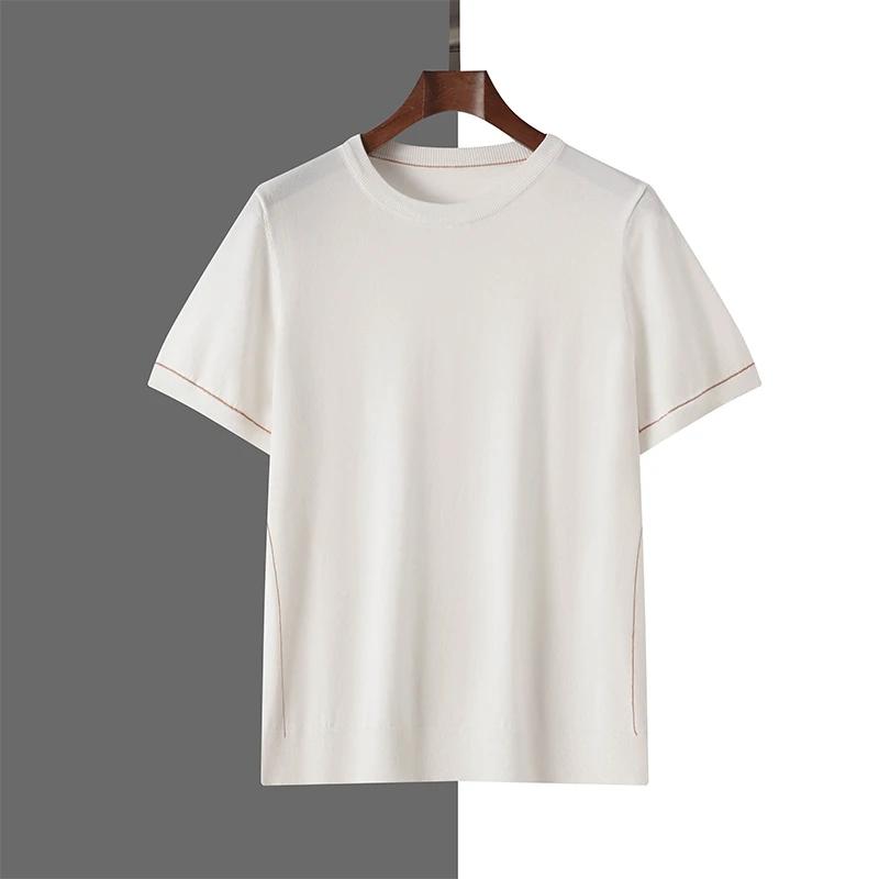 

Summer 2025 New Lyocell Men's Round Neck Knitted Shirt Short Sleeved T-Shirt With Gold Border Pullover Loose High-End Base Shirt