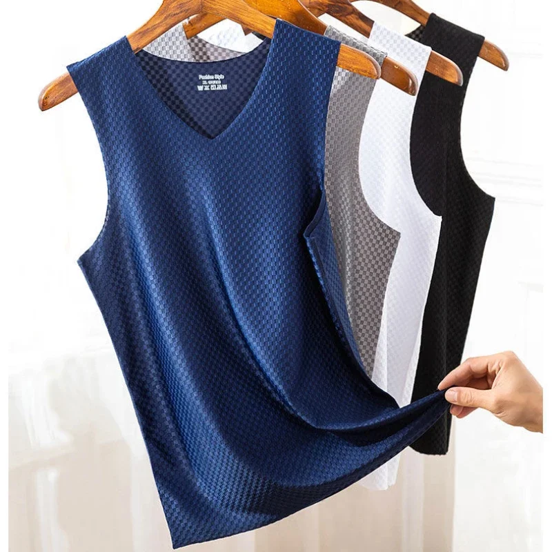 Men's Ice Silk T-shirt Vest Casual Summer Hollow Out Thin Style Cooling Sweat Absorbent Quick Drying Vest  Gym Clothing Men