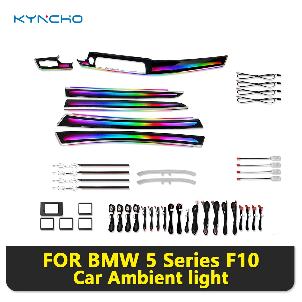 Zestaw oświetlenia ambientowego LED do samochodu BMW serii 5 F10, 64 kolory, Dream-color RGB, sterowanie aplikacją Bluetooth, symfoniczne oświetlenie wnętrza.