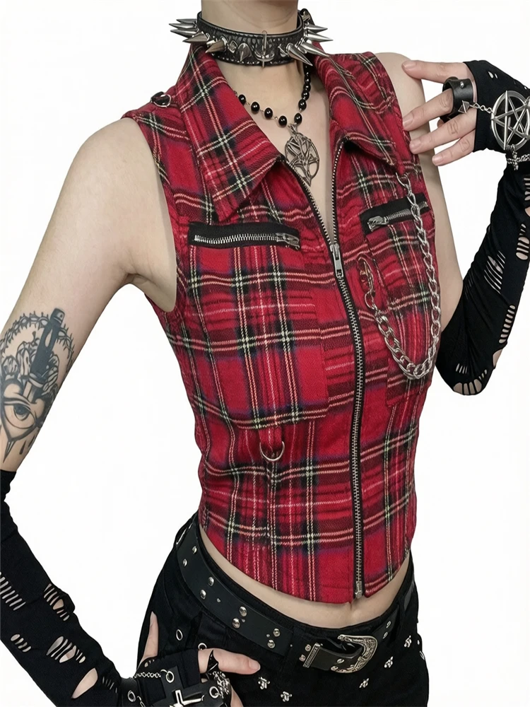 Retro Sweet and Spicy Hot Girl's Word-neck Vest Top Female Plaid Back Zipper Short Slim Vest Europe and America Cross-border