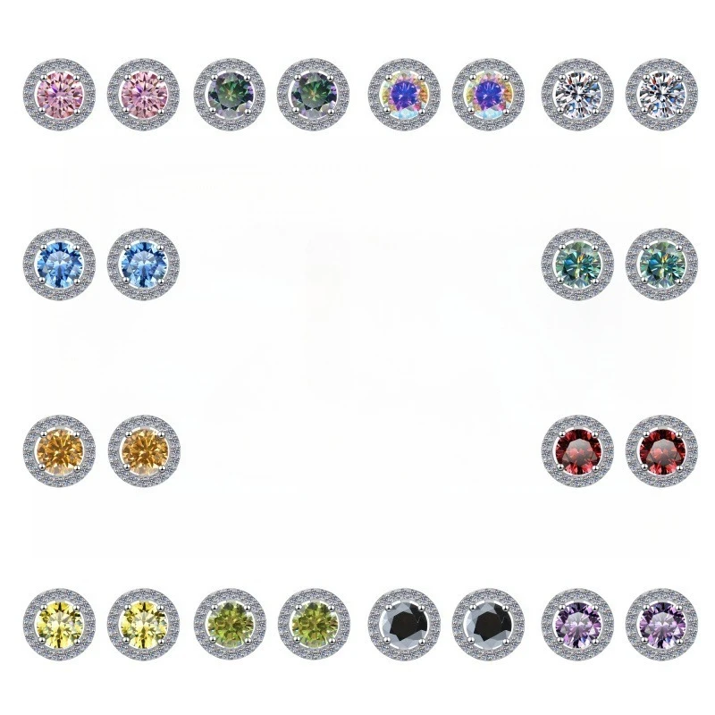 S925 Silver Moissanite Earrings Color Round Earrings Simulation Fashion 1/2/3 Carat Earrings
