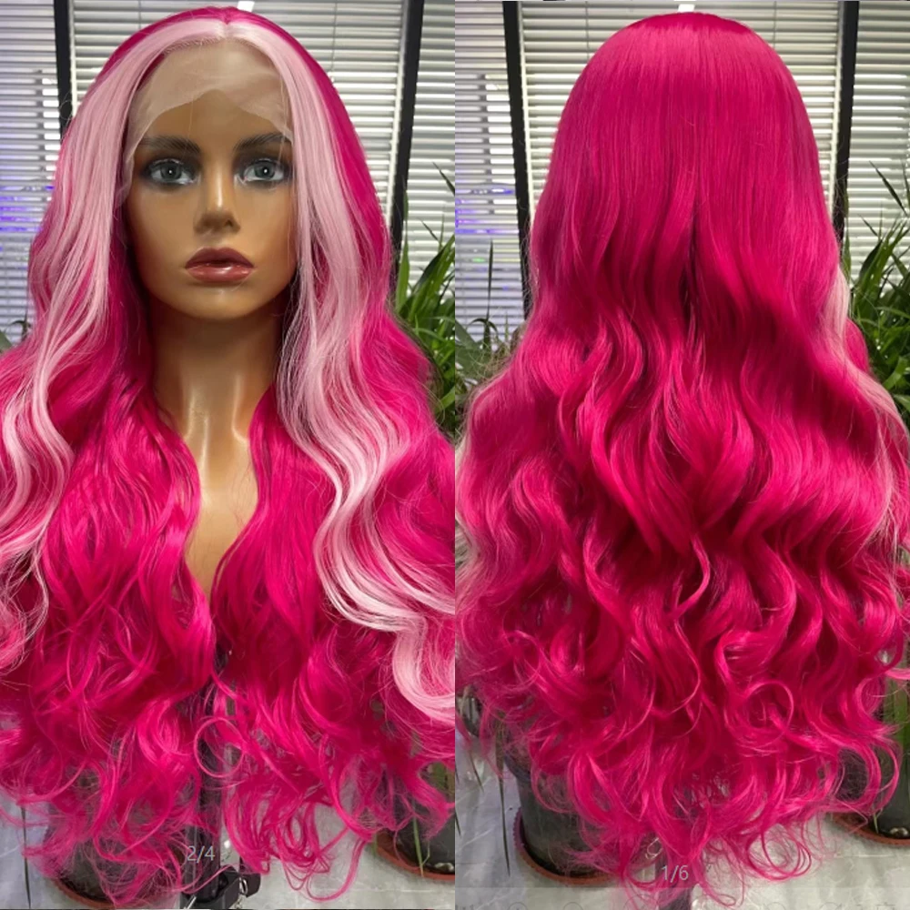 Synthetic Brazilian Wigs For Women Long Wave Lace Front Breakdown Free Rose-Red Color Hair Heat Resistant Fiber Cosplay Daily