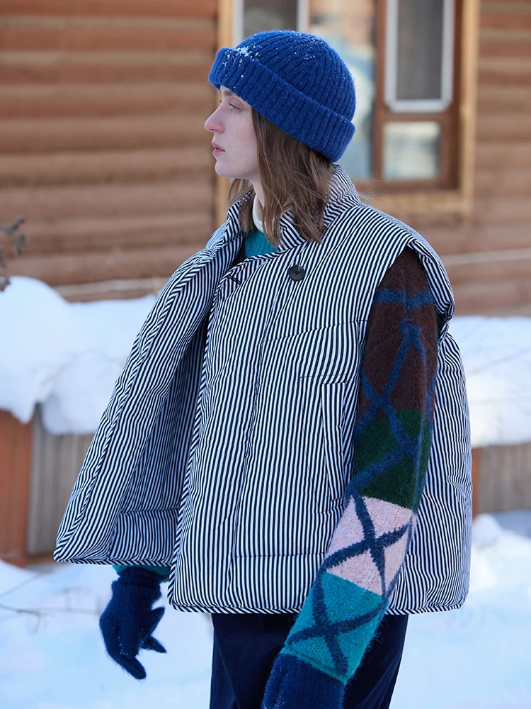 

ItoIroI Carbon Fluffy 95 White Du down ey White Striped Stand Collar A-Line ort Sle Women's Vest Warmth Faion