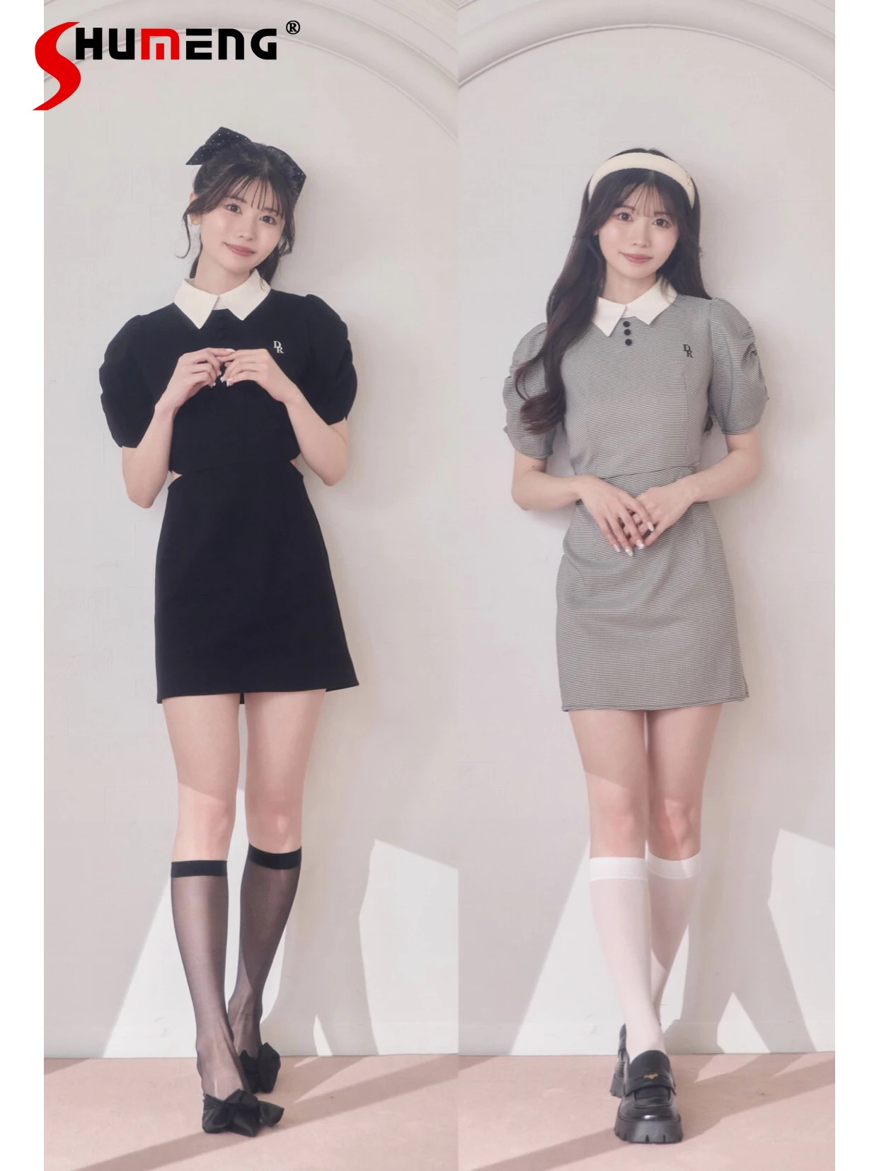 

Japanese DR Elegant Socialite Short Dresses Polo Neck Bubble Sleeve Hollow High Waist Slim Hip-wrapped Mini Dress Women Summer