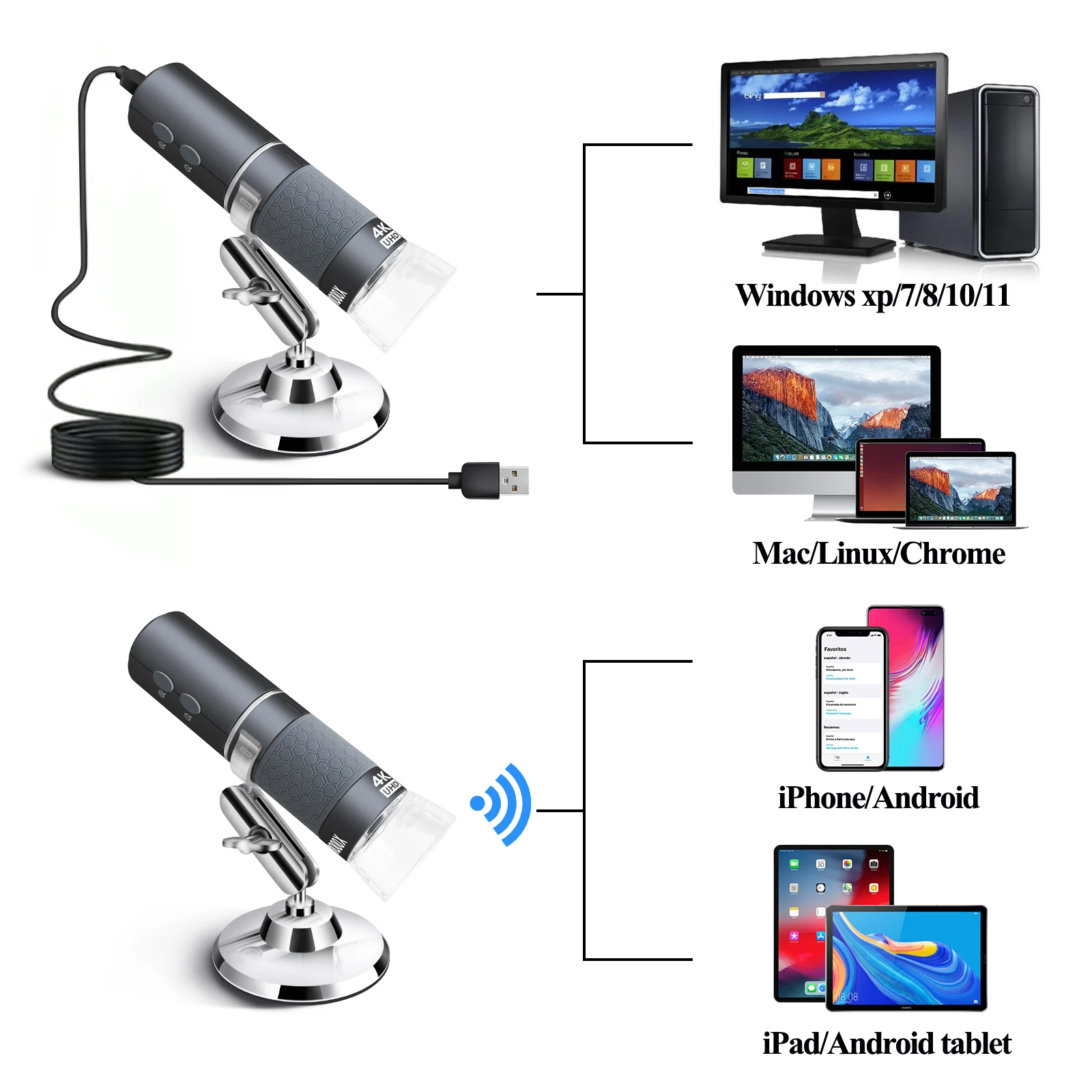 Microscopio WiFi 4K para iPhone Android, endoscopio Digital USB 50 a 1000X Mini cámara Super HD Compatible con teléfonos móviles y ordenadores