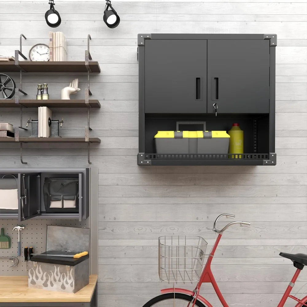 Garage Wall Cabinet Metal Wall Storage Cabinet with Locking Door and 1 Shelf 1 Opened Drawer Wall Mounted Storage Cabinet