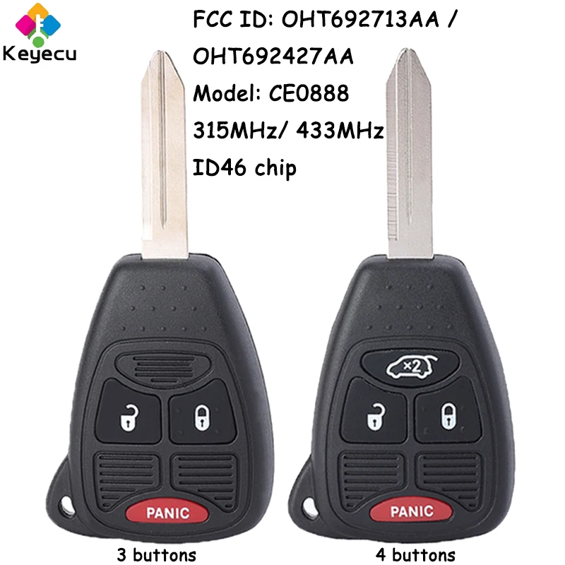 

KEYECU Replacement Remote Car Key With 3 4 Buttons ID46 Chip 315MHz 433MHz for Chrysler/ Dodge/ Jeep Fob OHT692427AA OHT692713AA