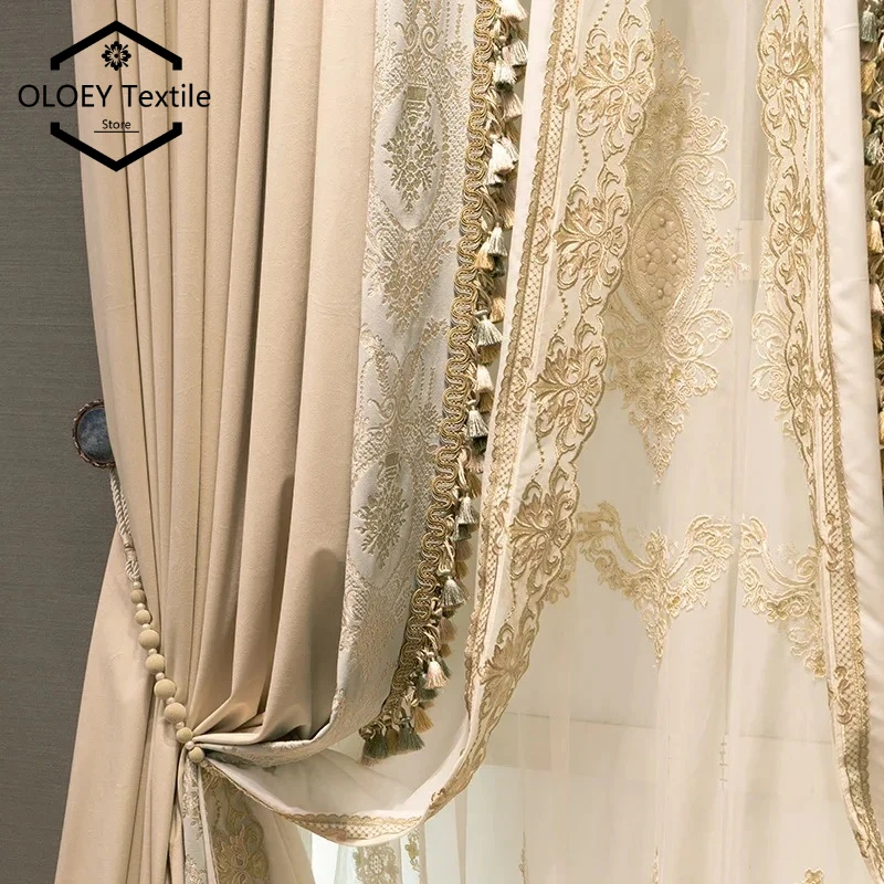Luxury French Milk Tea Color Embroidered Velvet Splice Curtains for Living Room Bedroom High Grade Custom Blackout Drapes Tulle