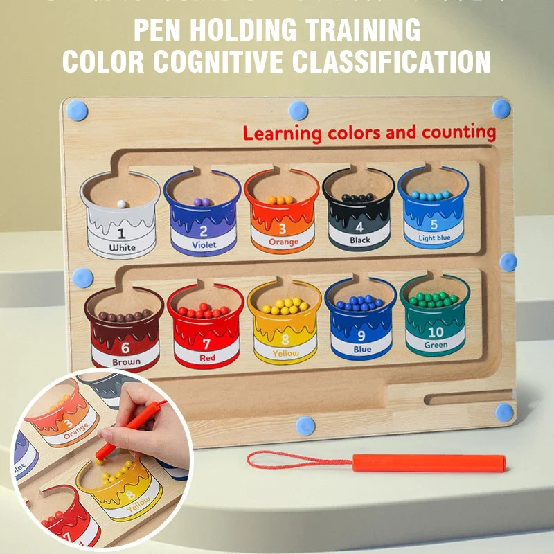 Magnetic Pen Controls Moving Bead Board Game Wooden Color Sorting Maze Toddler Toy Number Matching Counting Preschool Activity