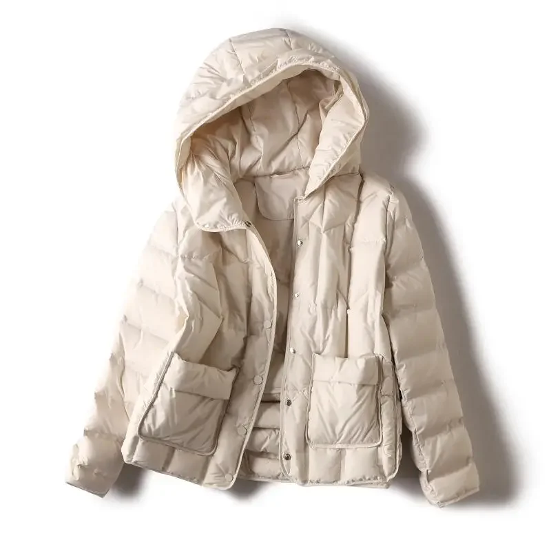 2024 New Women\'s Autumn and Winter 90% White Duck Down Korean Style Light Hooded Solid Color Warm Jacket Women\'s Jacket