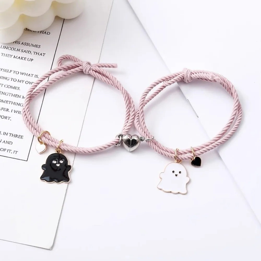 Halloween Cartoon Ghost Magnetic Rope Bracelet Love Heart Magnet Black White Ghost String Magnetic Bracelet 1 Pair Multicolor