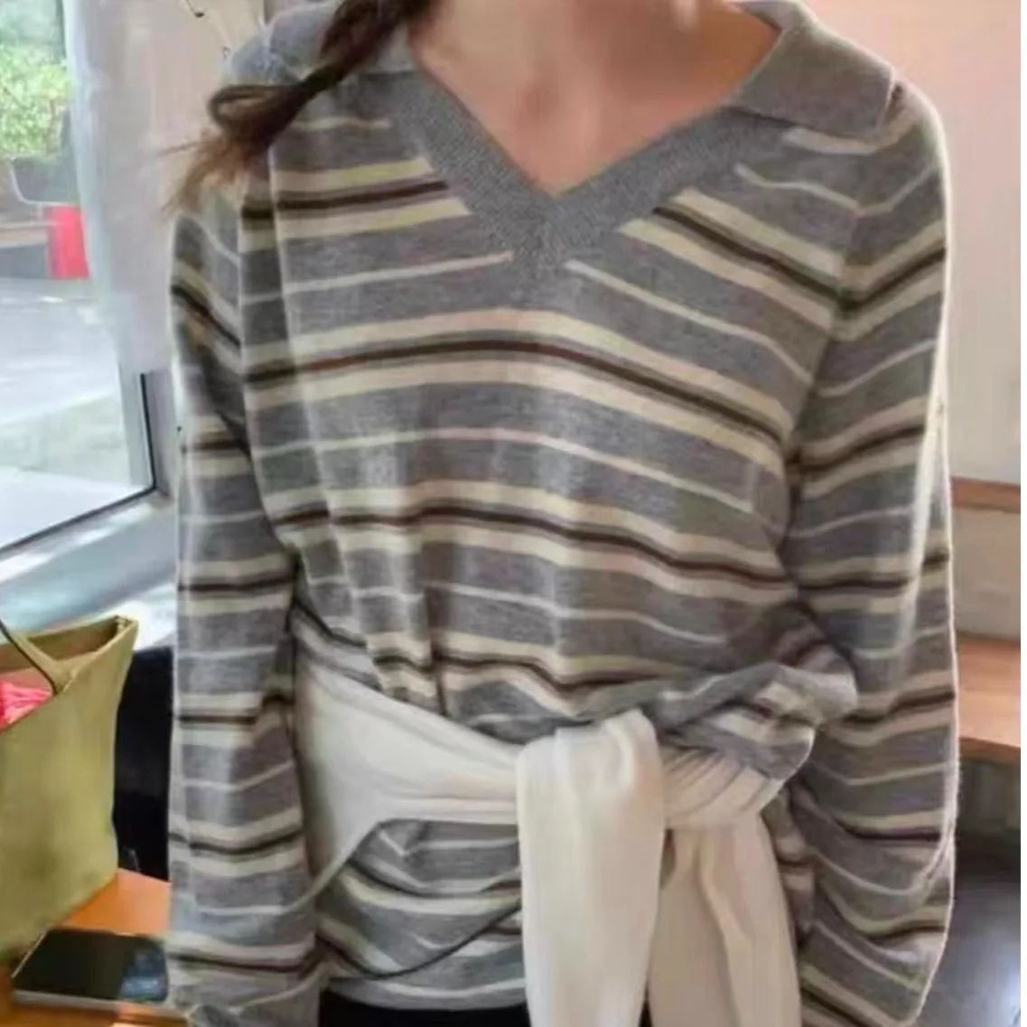 

Шикарный винтажный вязаный свитер в полоску на осень-зиму, модный длинный свободный шерстяной топ для женщин