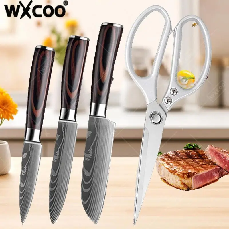 

WXCOO 4pcs Kitchen Knife Set Japanese Santoku Knife Boning Knife with Powerful Chicken Bone Scissor Damascus Kitchen Accessories