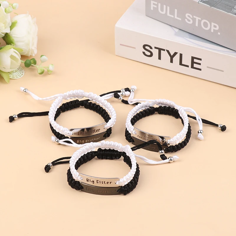2Pcs Mom And Dad/Brother And Sister Bracelet Set Handmade Black White Braided Rope Bangles Family Jewelry Gifts