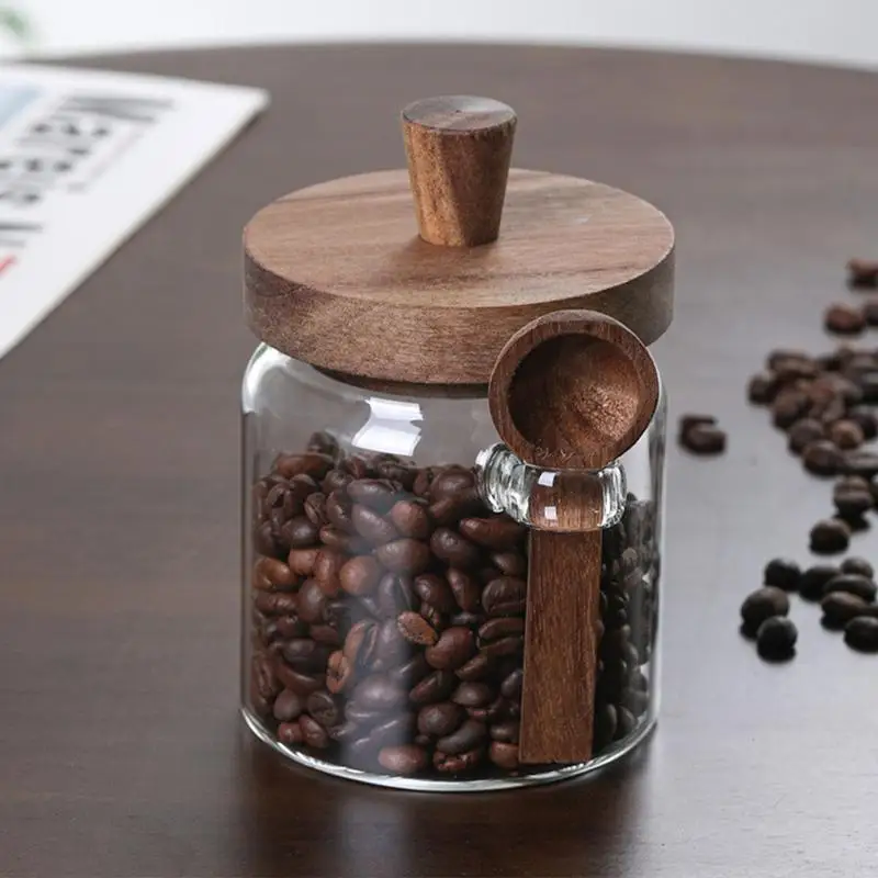 Glass Food Storage Pots With Wood Lids Spoons Food Container Grains Tea Coffee Beans Candy Kitchen Storage Bottles Jars