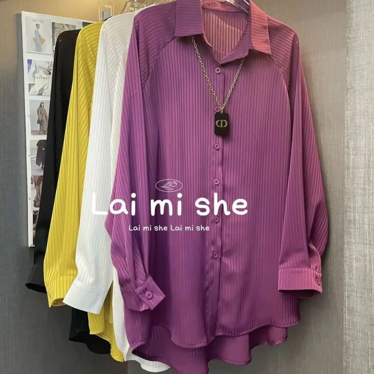 

2025 Spring and Summer New Mid-length Lapel Long Sleeve Shirt for Women's Temperament Thin Loose Striped Top