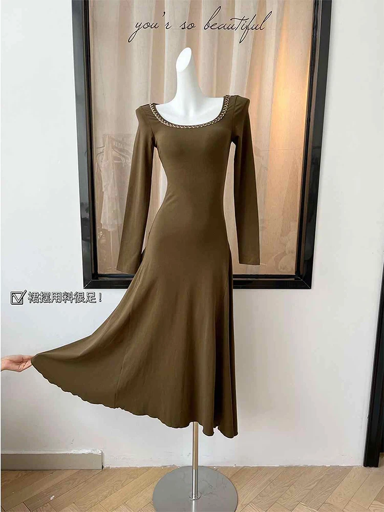 Women\'s A-line Evening Dress 90s Vintage Long Sleeve O-Neck Knitted Long Dresses Y2k Elegant One Piece Frocks 2000s Clothes 2024