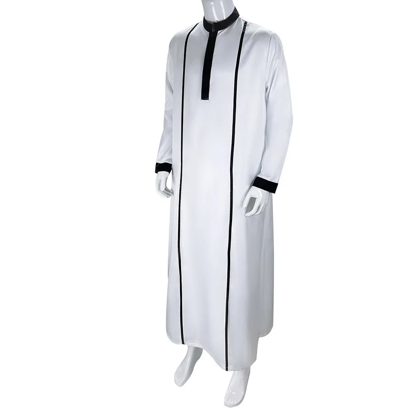 White Arabic Muslim Robe Men\'s Jubba Thobe Long Sleeve Pakistan Islamic Abaya Kaftan for Men Stand Collar Loose Clothing