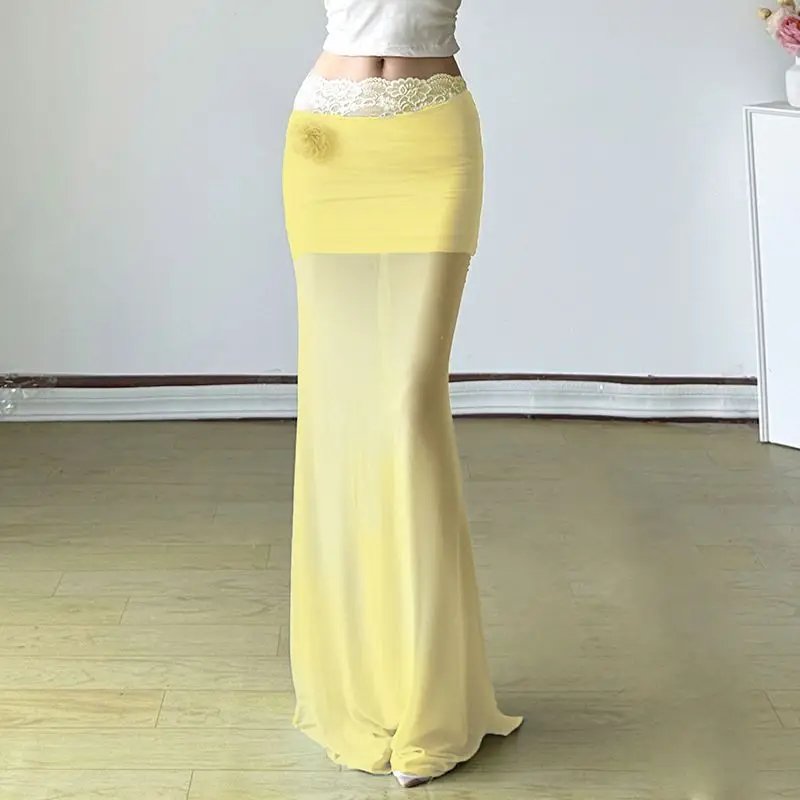 

Ezgaga Long Skirts Women Rose Flowers Lace Patchwork Mesh Slim Sexy Elegant Mermaid Skirt Vintage Temperament Fashion Club