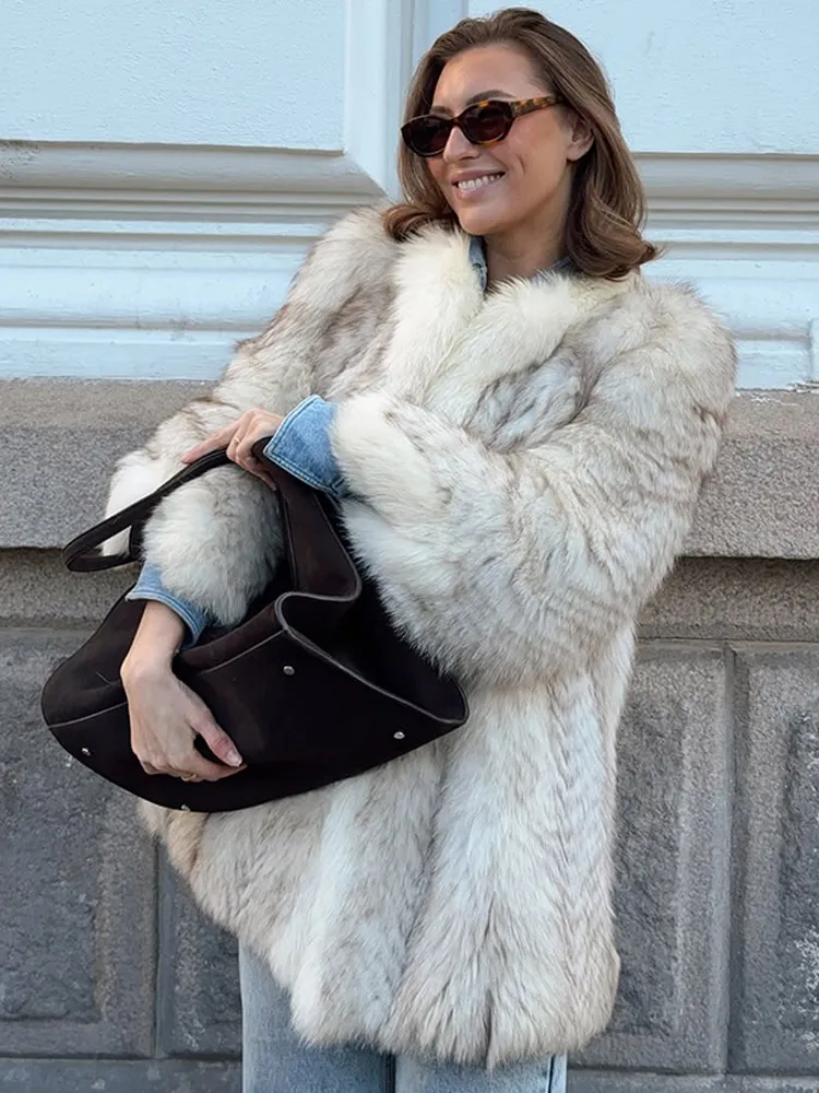 Women Luxurious Gradient Faux Fur Coats Fashion Lapel Long Sleeve Oversize Cardigan Jacket Winter New Thick Female Outerwears