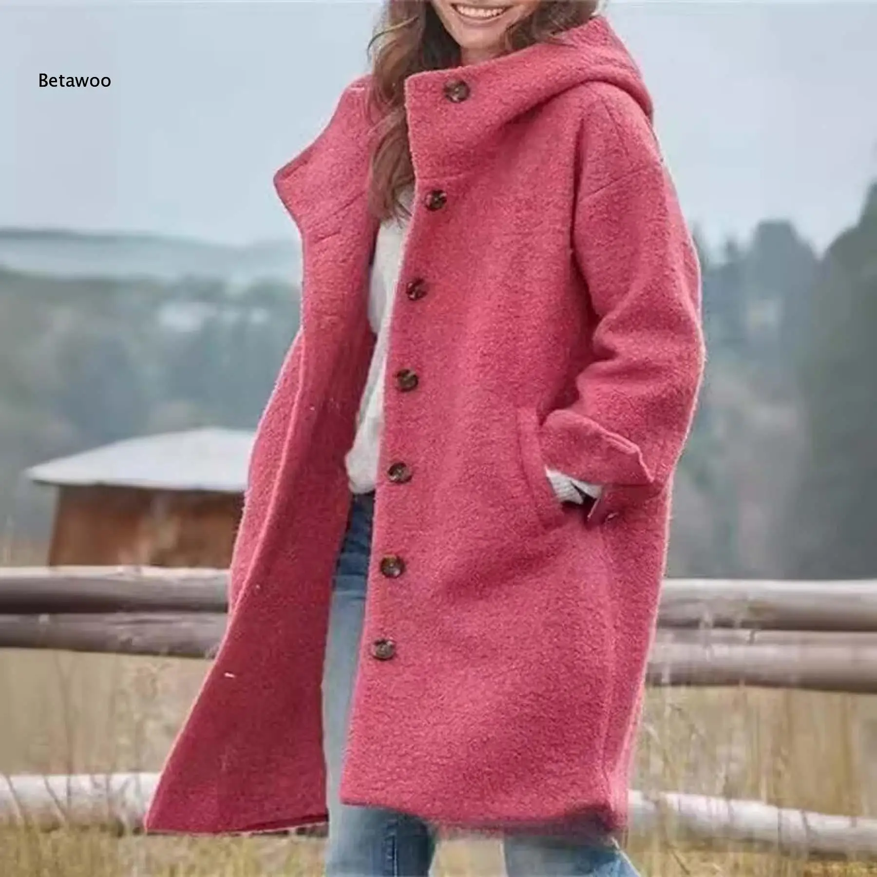 Women Hooded Wool Blend Coat Single Breasted Mid Length Loose Hood Jacket with Pockets Fall Winter Casual Outerwear