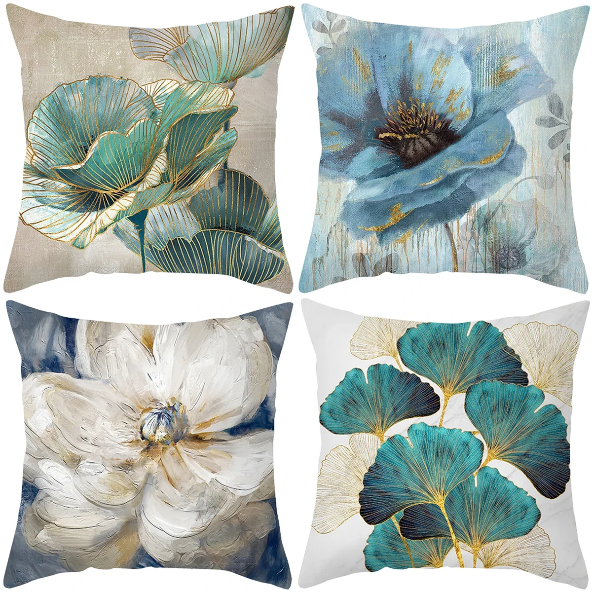 Oil Painting Flowers Gold Decorative Pillows for Sofa Glitter Pillow Case Home Decor Polyester Cushion Cover Housse De Coussin