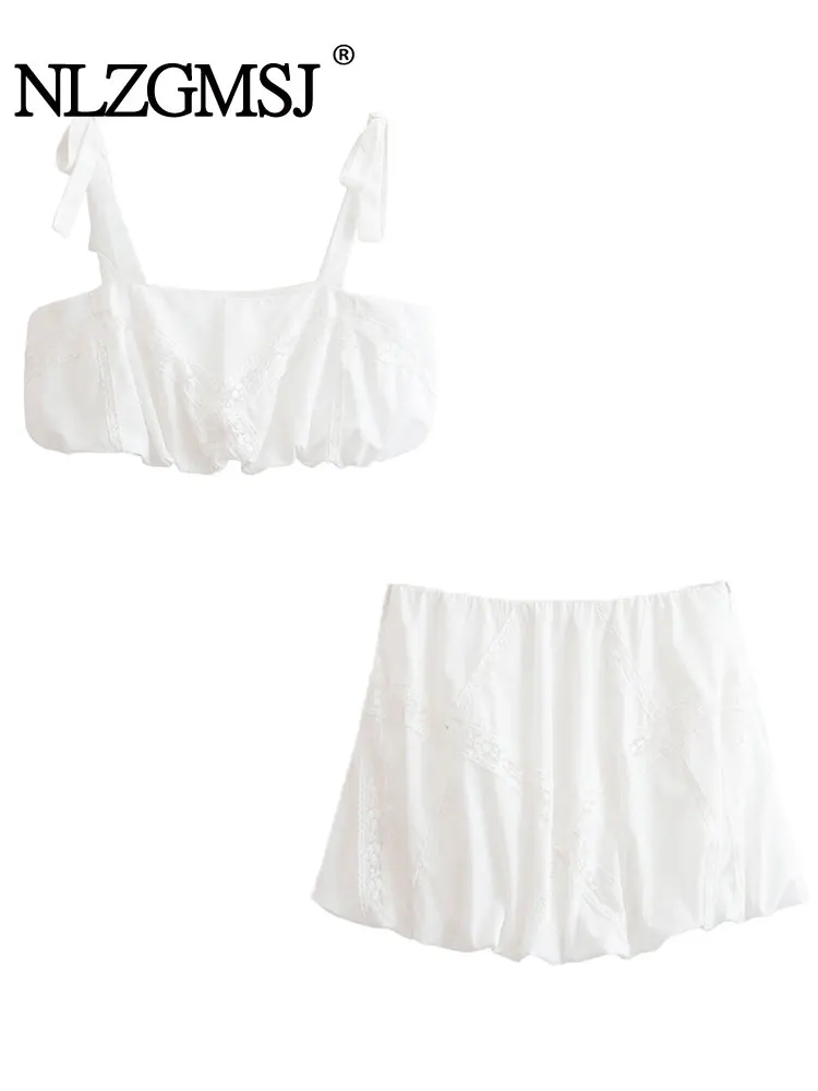 

2025 Summer Embroidery Lace Elegant Sexy Women's Sets Solid Pleated Mini Skirt Sets Strap Short Tops Sets For Women