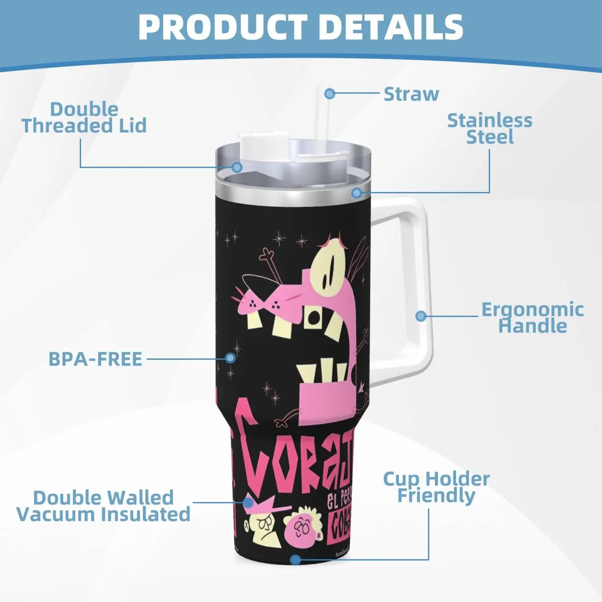 الشجاعة الجبان الكلب الفولاذ المقاوم للصدأ بهلوان المسلسلات التلفزيونية أكواب حرارية للسفر مع القش وغطاء زجاجة ذات سعة كبيرة #5