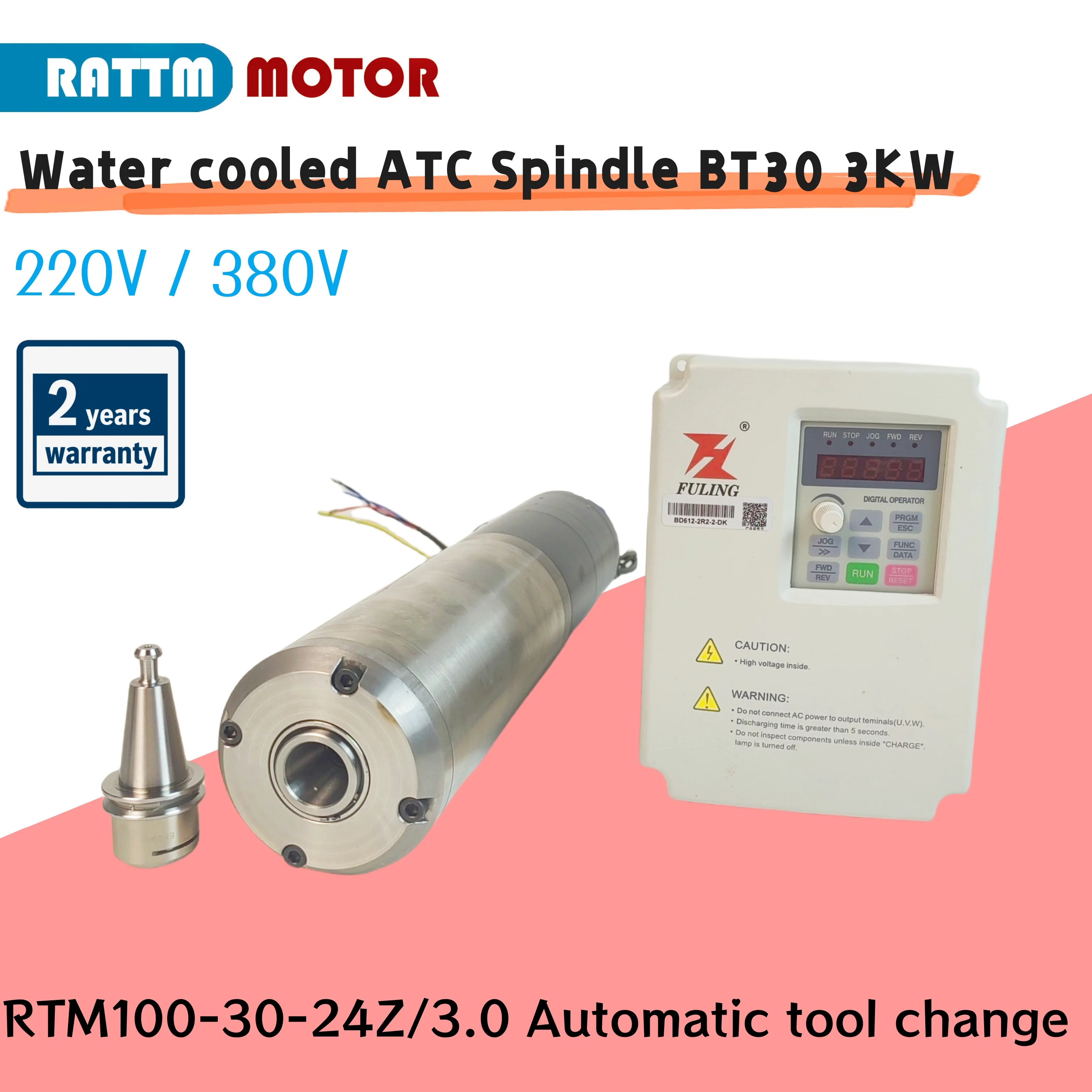 CNC Router Milling Kit Water cooled ATC Spindle BT30 3KW 220V / 380V + 3.7KW SUNFAR / Fuling Inverter VFD
