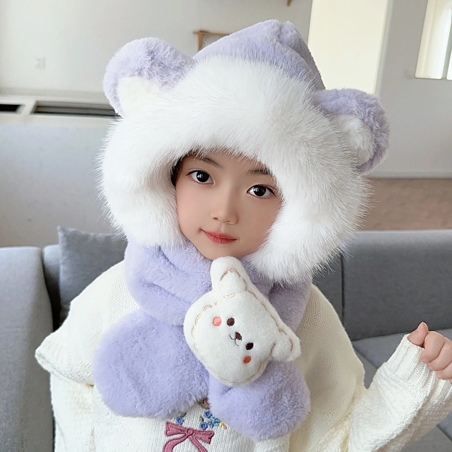 Knit Beanies for Children Kids Winter Hat Scarf Set Plush Ear Flap Knit Accessories Boys Girls Warm Thickened Windproof