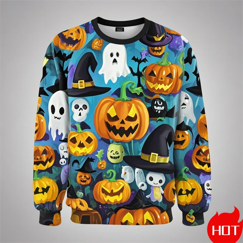 面白いハロウィングラフィックメンズレディーススウェットシャツクリエイティブゴーストパンプキンプリントOネックプルオーバールーズ長袖秋デイリートップ