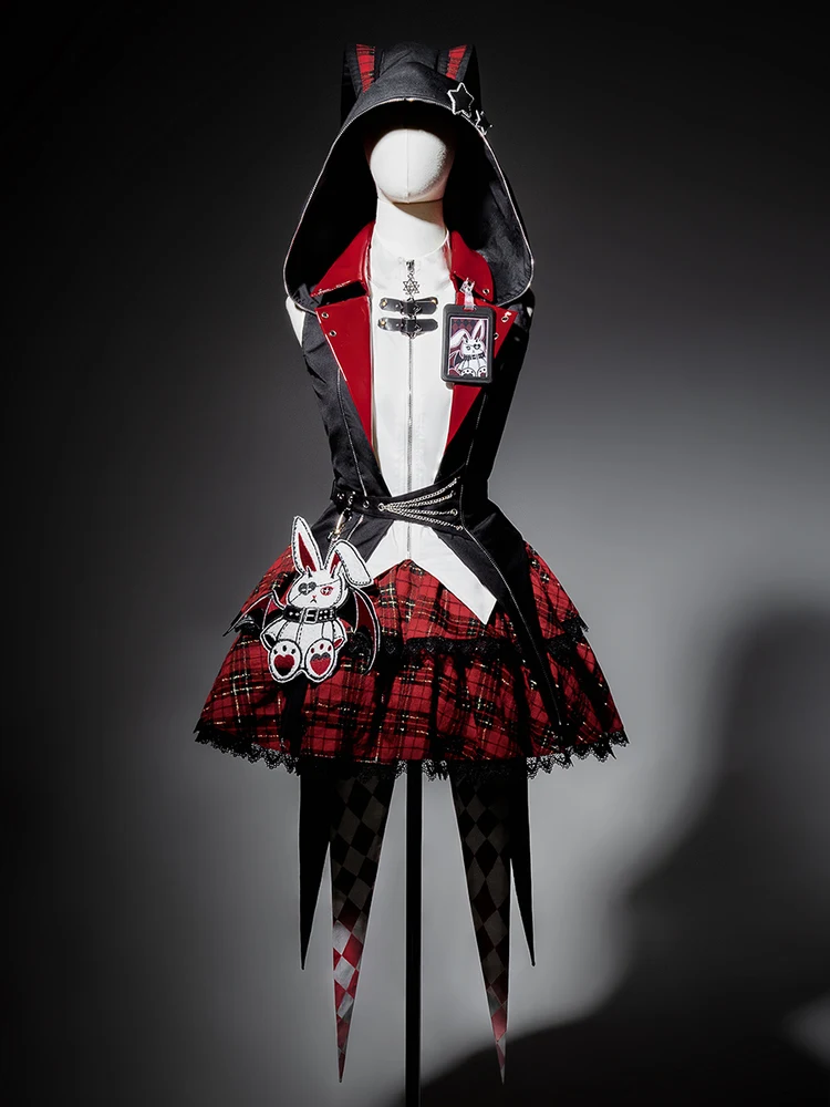 Original Design Rock Rabbit Lolita Gothic Subculure Punk Hot Girls Buny Ear Jacket and Blouse and Mini Skirt Black Red 3pcs Set