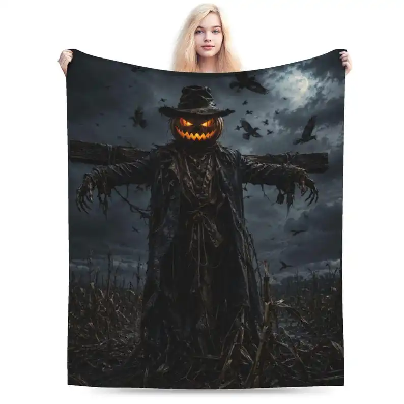 Scarecrow Jack o Lantern Flannel Blanket: Gothic Halloween Spooky Decor, 300gsm Cozy Throw