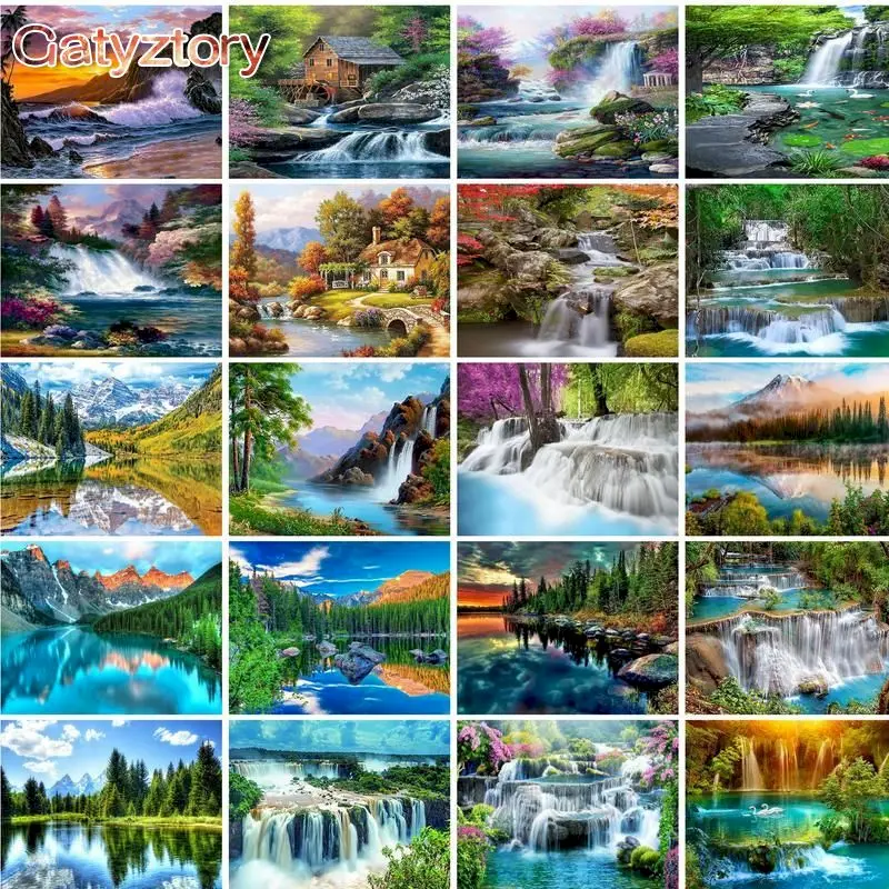 60x75cm Diy Painting By Numbers Landscape Waterfall Coloring By Numbers Handpainted Acrylic Canvas Paint Diy Arts