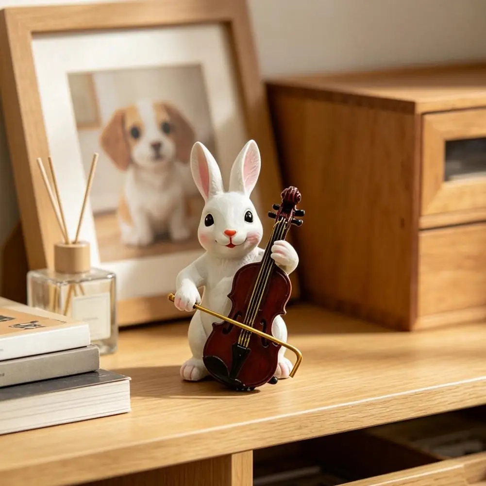 Cute Rabbit Figurine Tabletop Home Decor Cute Rabbit Playing Violin Figurine Hand Painted Synthetic Resin Sculpture for Garden