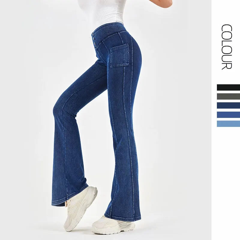 Pantalones acampanados de Yoga de mezclilla de cintura alta para mujer, pantalones de Fitness de estiramiento de cadera de vientre elástico, primavera y verano, 2024