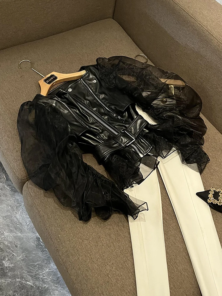 معطف نسائي طويل من Street Sle Me Splicing Biker Jaet ذو تأثير شفاف للخريف والشتاء ملابس خارجية