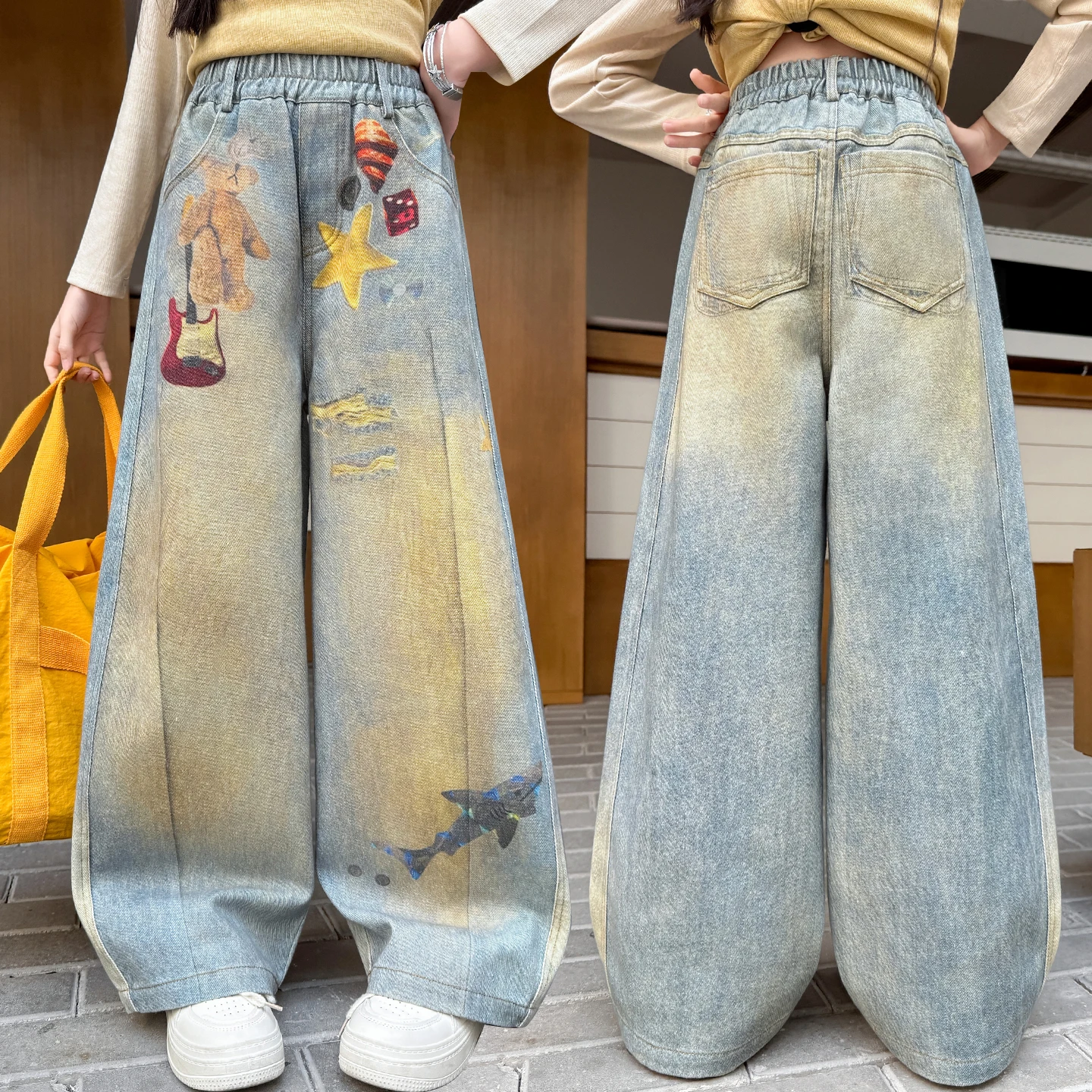Teenage Girl Drawing Printed Jeans Spring and Autumn Children's American Street Painting Straight Tube Loose Wide Leg Pants 4-14