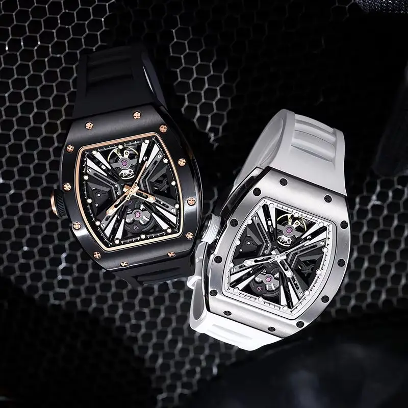 Different Value Luxury Unisex Full-Automatic Mechanical Watch Oval Case and Silicone Band Men's Fashion Clock with Hollow Design