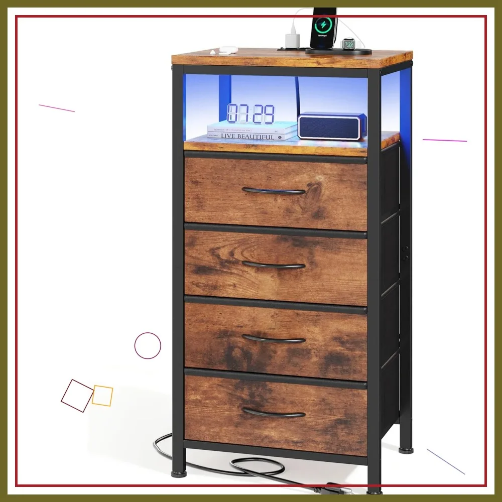 

Modern Nightstand with Charging Station, 4 Fabric Drawers, USB/Type-C Ports, LED Light Strip for Bedroom Furniture